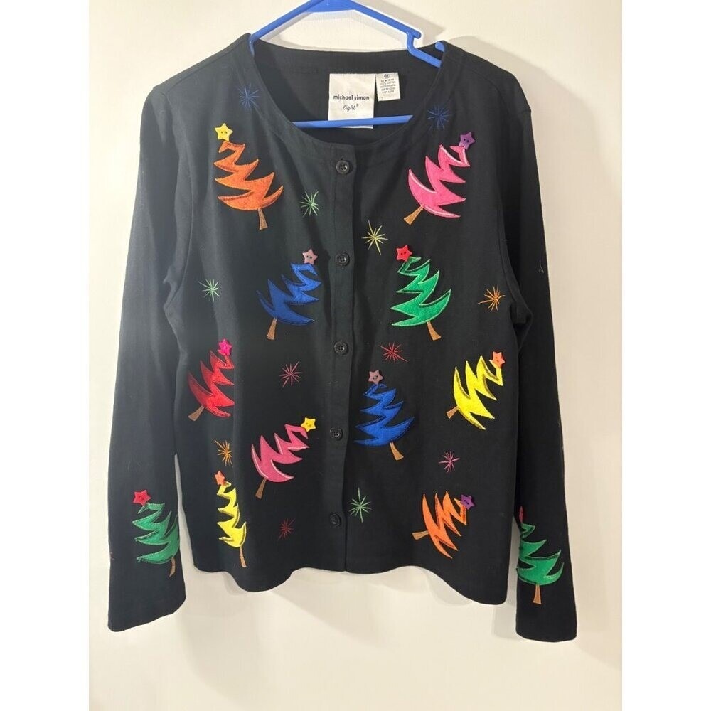 Michael Simon Light Holiday Cardigan Embroidered Festive Button‎ Front Black